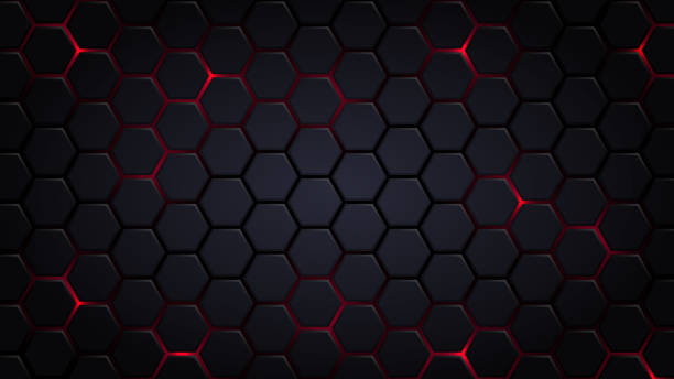 ilustrações de stock, clip art, desenhos animados e ícones de abstract futuristic background with hexagons . dark sci-fi hi-tech wallpaper with red lights . - fundo preto
