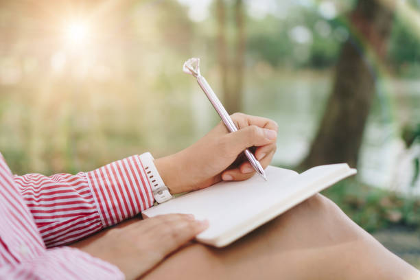 istock Woman hand writing down in small white memo notebook for take a note not to forget or to do list plan for future in public park. 1315803183