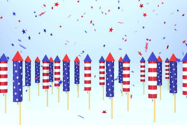 Firework rockets with American flag pattern. 4th of July And Independence Day Concept
