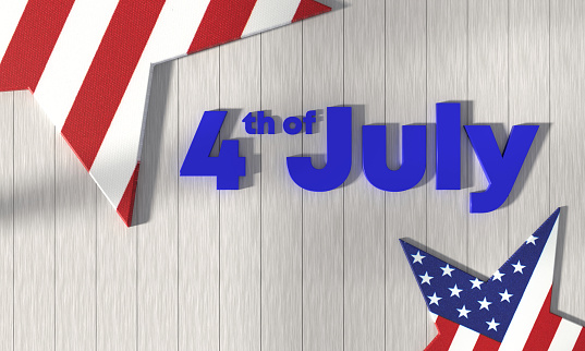 USA Flag and 4th of July Concept. 4th of July text and star-shaped USA flag on wooden background. Independence Day