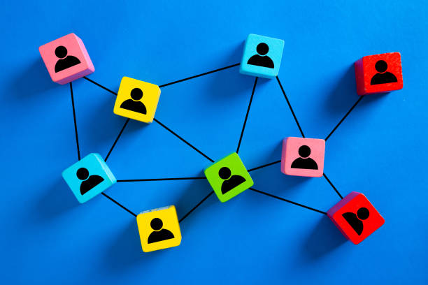 istock Wooden cube block print screen person icon which link connection network for organisation structure social network and teamwork concept. 1315808230