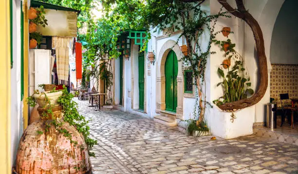 One of beautiful streets of medina in Mahdia. Tunisia.