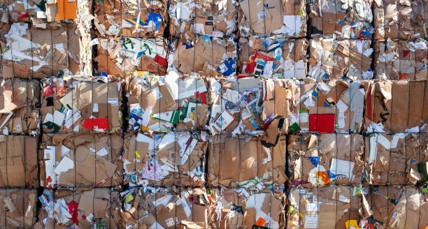 stack of old waste paper in front of recycling facility The recycling of paper is the process by which waste paper is turned into new paper products. It has a number of important benefits: It saves waste paper from occupying homes of people and producing methane as it breaks down. Because paper fibre contains carbon (originally absorbed by the tree from which it was produced), recycling keeps the carbon locked up for longer and out of the atmosphere. recycling center stock pictures, royalty-free photos & images