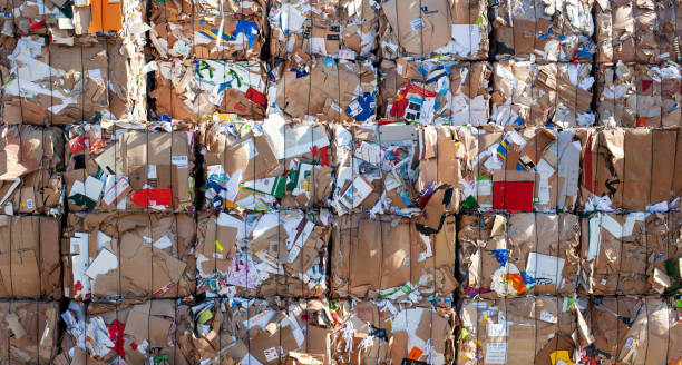 pilha de papel de lixo velho em frente a instalação de reciclagem - recycling paper newspaper garbage - fotografias e filmes do acervo
