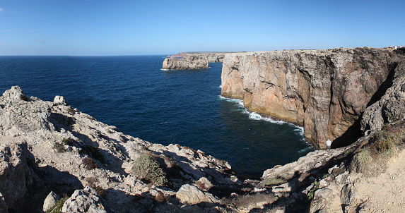 Steep Coast at Sagres, Southwest Cape of Europe, Algarve, Portugal, Cape St. Vincent, 6 km from Sagres, Landmark for Shipping, Cliffs rise nearly vertically, Photo taken at the Lighthouse, Attraction, Point of Interest