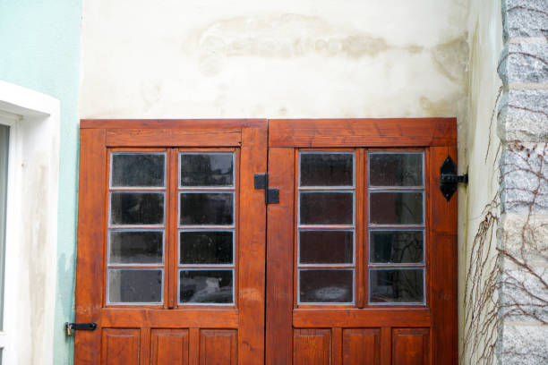 Close up of brown antique checkered wooden windows