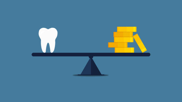 Tooth and gold coins on a seasaw (teeter totter) on balance. Tooth and gold coins on a seasaw (teeter totter) on balance. Weighted scales. Dental care, health, health system, dental price concepts. Blue background. dentists office stock illustrations