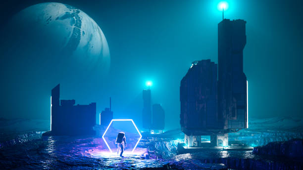New worlds and colonization of other planets. Astronaut. Time traveler enters a portal that unites two worlds Travel in space time. Time traveler enters a portal that unites two worlds. Futuristic landscape of another planet. Sci-fi. New worlds and colonization of other planets. Astronaut. 3d render movie scene stock pictures, royalty-free photos & images