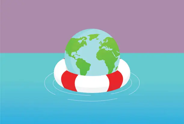 Vector illustration of Globe float with a lifebuoy in a sea