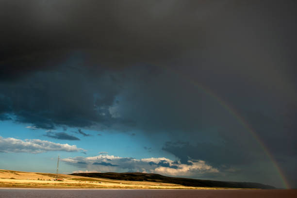 Dirt road through the forest and rainbow in the sky on a cloudy summer day