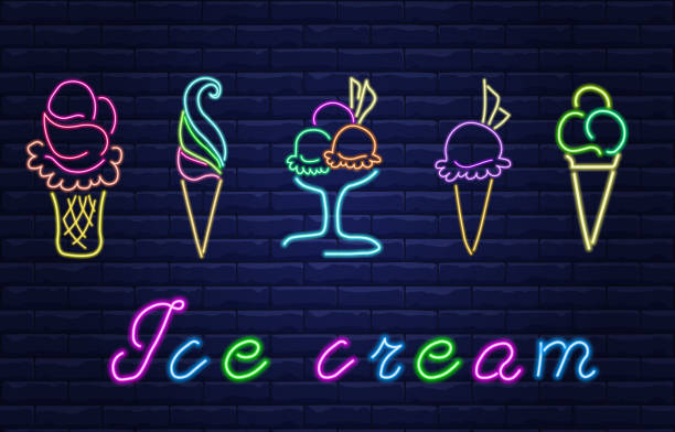 istock Neon light and sign. Ice cream. Neon pointer and banner. Special design of the neon. Night pointer. Light effect. Design of the light banner, logo . Colorful neon night bright advertising. 1315829446
