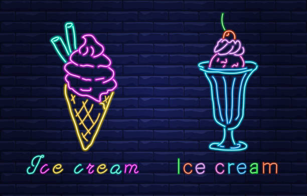 istock Neon light and sign. Ice cream. Neon pointer and banner. Special design of the neon. Night pointer. Light effect. Design of the light banner, logo . Colorful neon night bright advertising. 1315829481