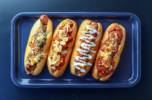 food decoration American hotdog style food decoration. hot dog stand stock pictures, royalty-free photos & images