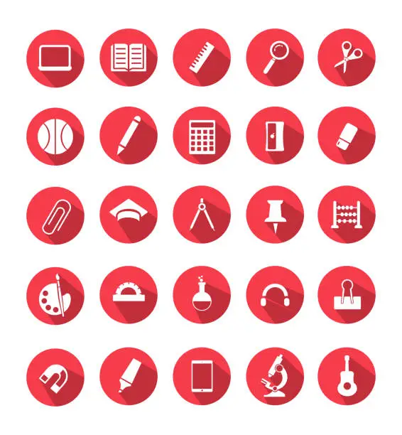 Vector illustration of rning icons with a long side shadow. E Learning, Education, Home Schooling, science, sport and music concepts.