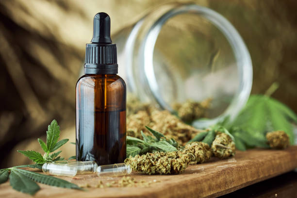THC / CBD Oil A display of cannabis leaves and marijuana nuggets on a wood board with a glass jar of heads in background with focus on some empty capsules and a bottle of THC / CBD oil tincture photos stock pictures, royalty-free photos & images