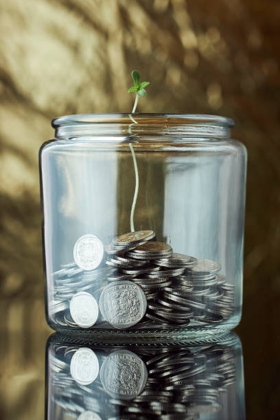 Marijuana industry growth A glass jar of currency coins has a marijuana plant sprouting out the top on a reflective surface in studio still life african currency stock pictures, royalty-free photos & images