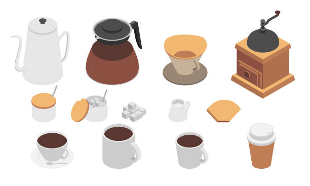 Isometric design illustration of coffee set Isometric design illustration of coffee set sugar cube stock illustrations