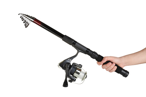 Man hand holding Fishing rod (Clipping Path) on the white background