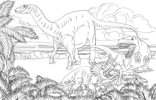 Dinosaur Scene Cartoon Coloring Book Page A dinosaur T Rex tyrannosaurus, triceratops and diplodocus or brontosaurus black and white outline cartoon scene like a kids coloring book page dinosaur drawing stock illustrations