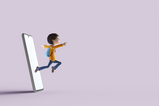 A cartoon 3D kid jumping out of a smart phone towards the empty copy space. 3D rendering.
