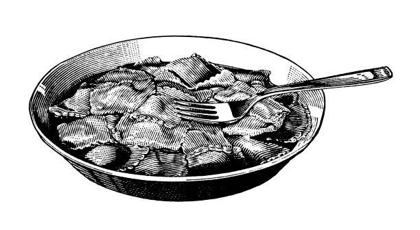 ilustraciones, imágenes clip art, dibujos animados e iconos de stock de ravioli - plate hungry fork dinner