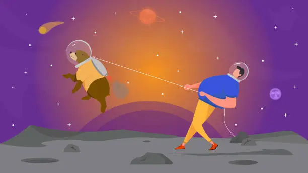 Vector illustration of Man walking his pet on Mars