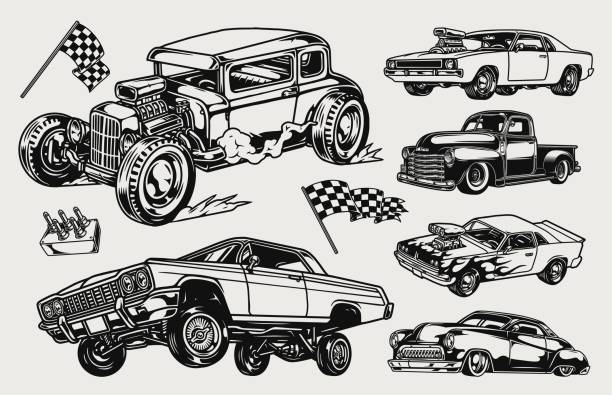 illustrations, cliparts, dessins animés et icônes de concept vintage de voitures personnalisées - pick up truck illustrations