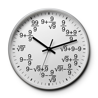 Maths clock magic 9. Clock with a dial, where hours are written using mathematics, isolated on white background.