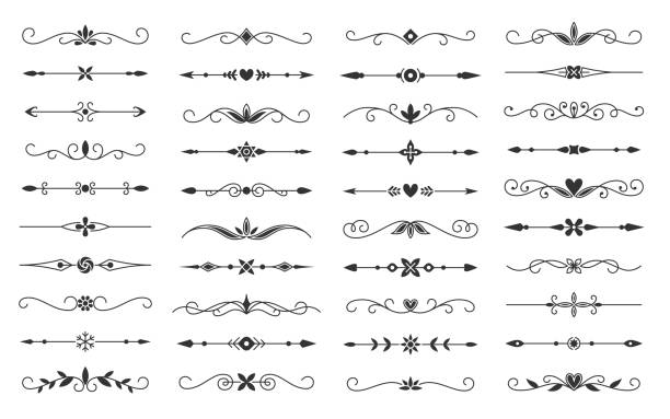 ilustrações de stock, clip art, desenhos animados e ícones de vintage divider set retro line text page separator - line art scroll shape design element scroll