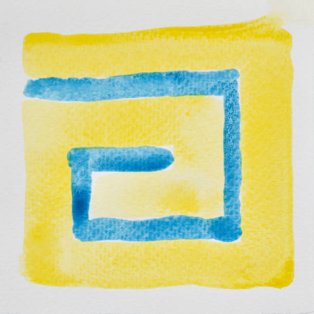 紙の上の抽象的な青と黄色の水彩の写真画像、背景のための青と黄色の水彩の手のペンキ、違いの色を混ぜる紙の湿った技術 - blob watercolor painting spotted ink ストックフォトと画像