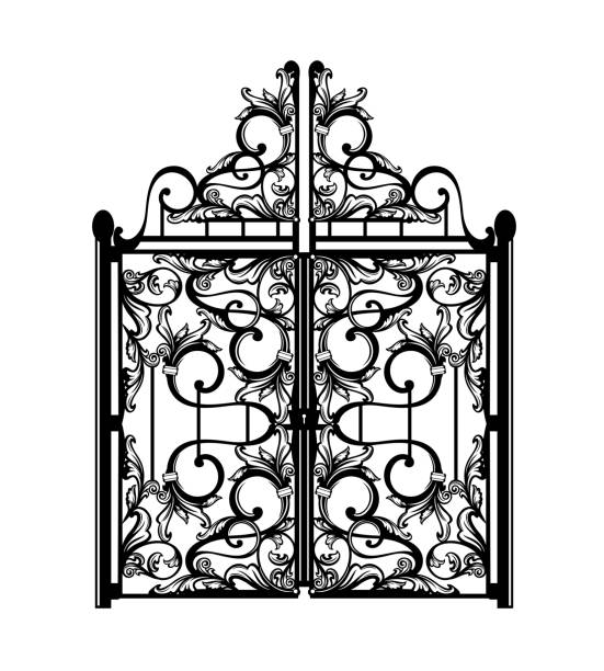 antique wrought gate passage - closed doors of mysterious fantasy entrance black and white vector outline