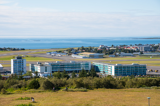 Reykjavik Iceland - September 5. 2020: The flight control tower and Icelandair Hotel Natura at Reykjavik airport