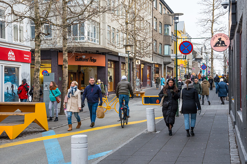 Reykjavik Iceland - November 2. 2019: people walking in the city street of Laugavegur