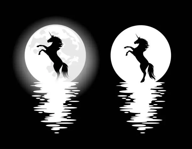 Vector illustration of mysterious unicorn horse and full moon water reflection black and white vector design