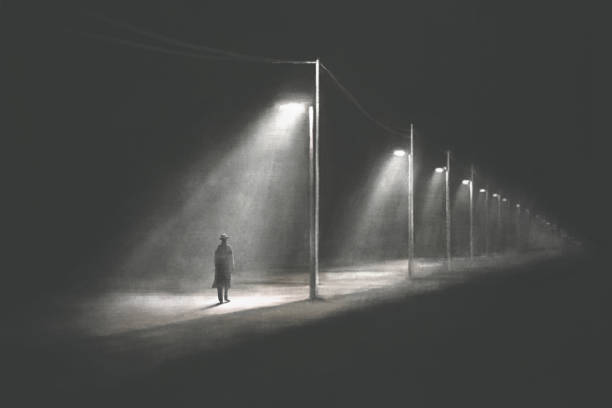 Illustration of mysterious lonely man walking alone in the dark, surreal abstract concept Illustration of mysterious lonely man walking alone in the dark, surreal abstract concept movie scene stock illustrations