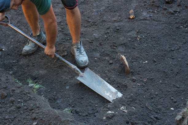 Detail of construction digging a hole at a house backyard.