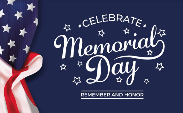 illustrazioni stock, clip art, cartoni animati e icone di tendenza di memorial day banner illustrazione vettoriale, bandiera usa che sventola con stelle su sfondo blu scuro - american culture us memorial day blue red