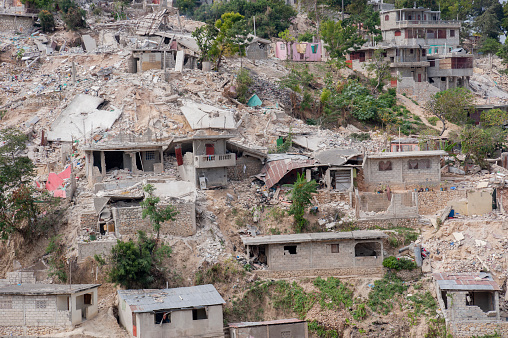 Small houses on Port-au-Prince hillsides built with breeze blocks collapsed after the earthquake in January 2010