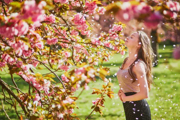 Photo of Beautiful girl in cherry blossom garden on a spring day