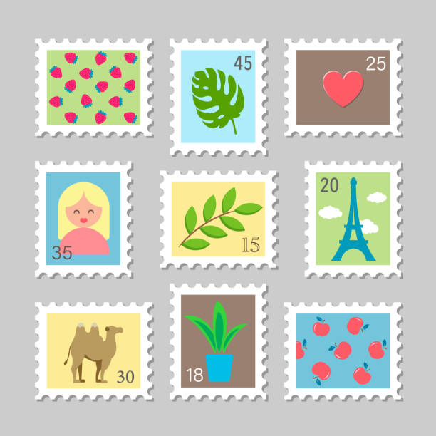 ilustraciones, imágenes clip art, dibujos animados e iconos de stock de conjunto de sellos coloridos sobre fondo gris - postage stamp postmark mail paris france