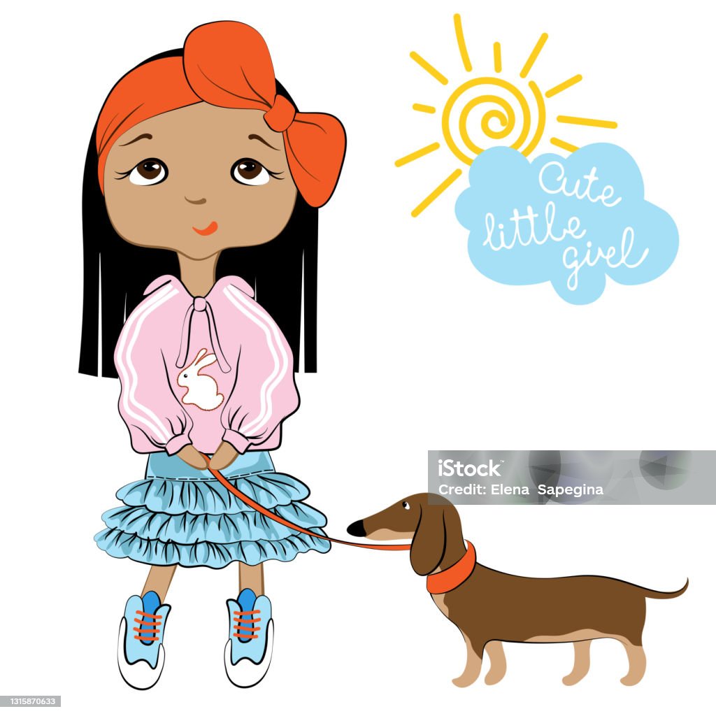 Cute Little Girl With Long Black Hair And Dachshund Dog Modern Child Cartoon  Style Stock Illustration - Download Image Now - iStock
