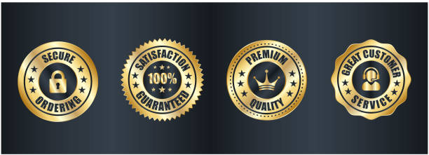 ilustrações de stock, clip art, desenhos animados e ícones de money back guarantee, free shipping trust badges ,trust badges, secure checkout, easy returns - in gold we trust