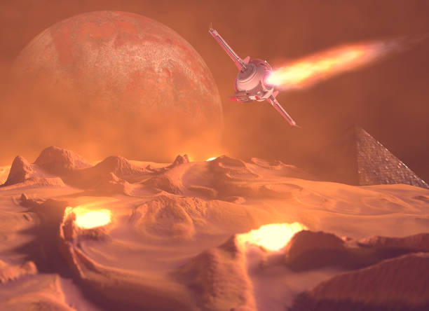 istock Spaceship traveling between planets of distant galaxies. Wastelands and pyramid. Sci-fi 1315871644