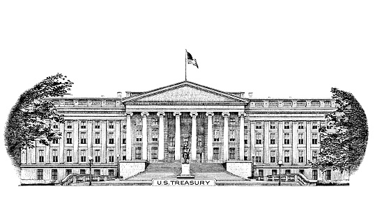 U.S. Treasury building cut from 10 dollar banknote for design purpose