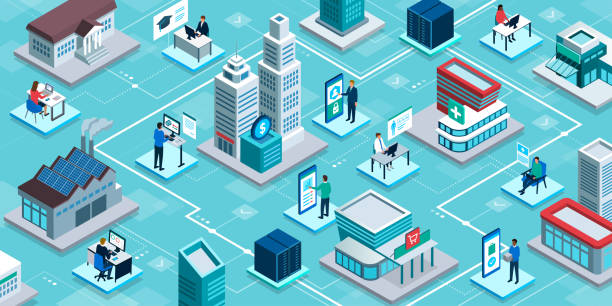 Smart city and online services Smart city and online services: healthcare, retail, finance, industry, education decentralization stock illustrations