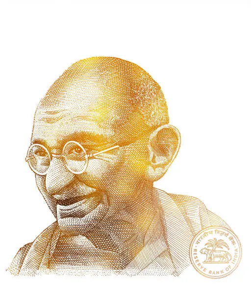 Golden Mahatma Gandhi cut from 10 Indian rupee for design purpose