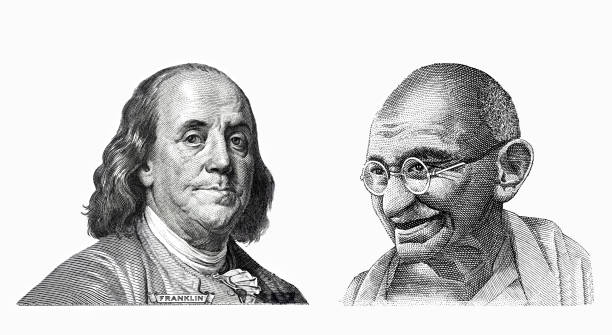 Benjamin Franklin and Mahatma Gandhi Benjamin Franklin cut on new 100 dollars banknote and Mahatma Gandhi cut on old 10 Indian rupee   for design purpose president photos stock pictures, royalty-free photos & images
