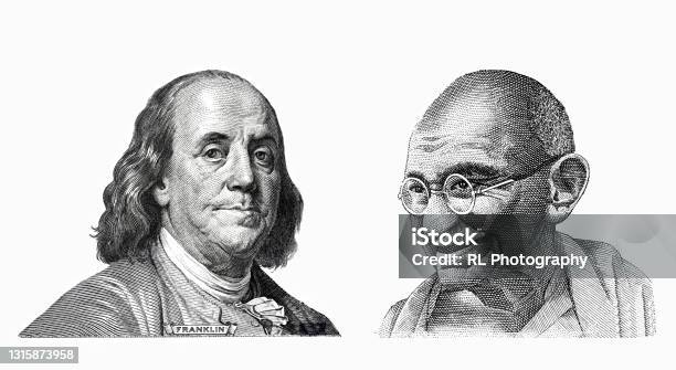 Benjamin Franklin And Mahatma Gandhi Stock Photo - Download Image Now - Mahatma Gandhi, Currency, Photography