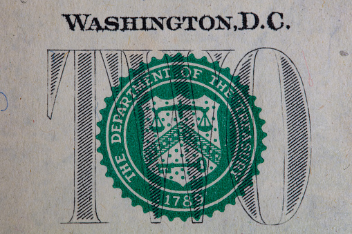 Fragment of obverse of 2 US dollar banknote for design purpose