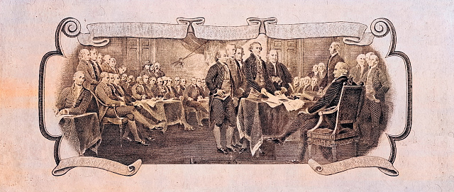 Trumbull's Declaration of Independence cut out  from 2 US dollar banknote for design purpose